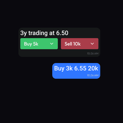 Chatbot showing a 3y quote at 6.50 with buy and sell size buttons